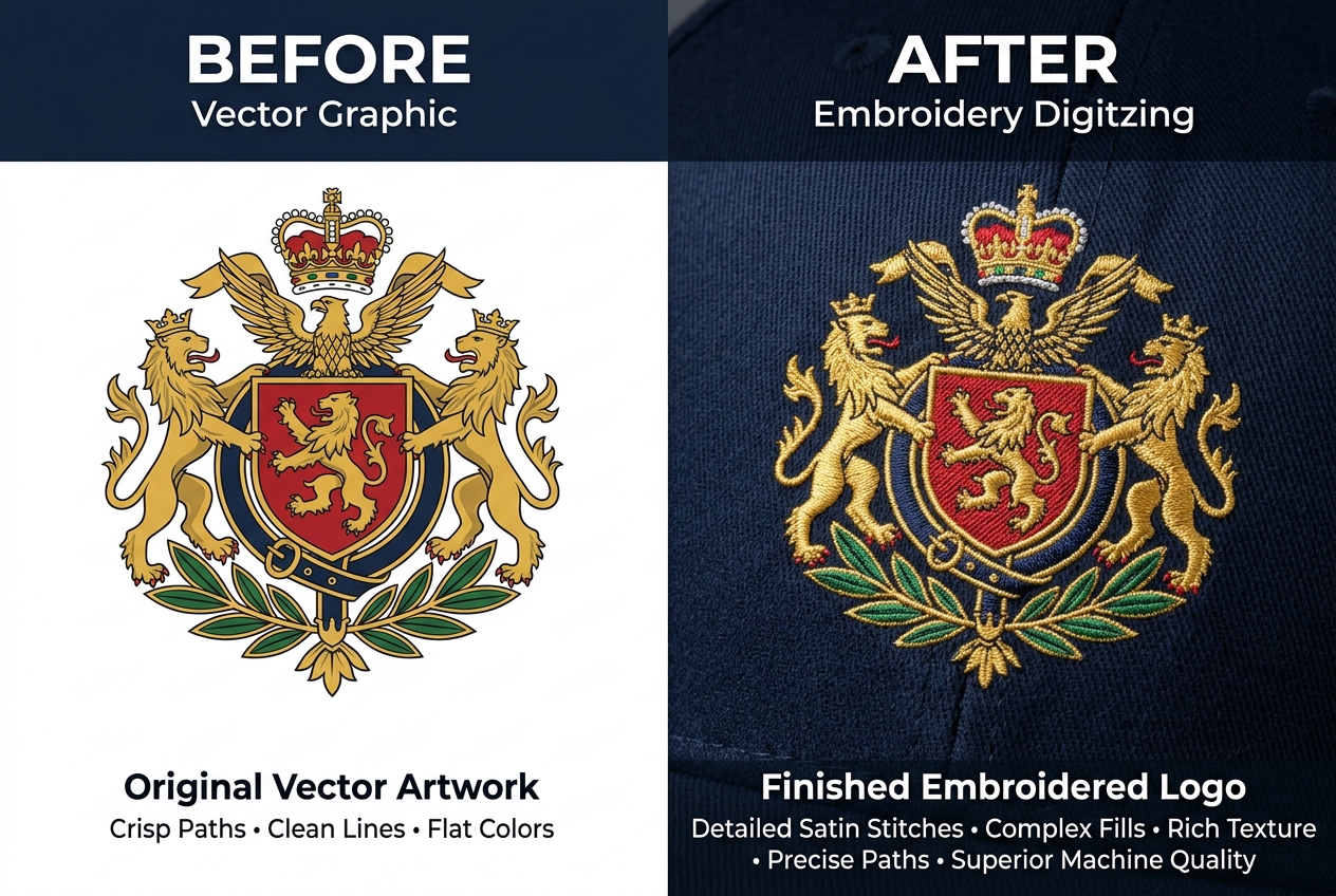 Embroidery Digitizing Before and After crest comparison showing high precision manual plotting
